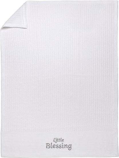 Cotton Knit Baby Blanket with Embroidery, Little Blessings, 30 in. x 40 in., White, Unisex