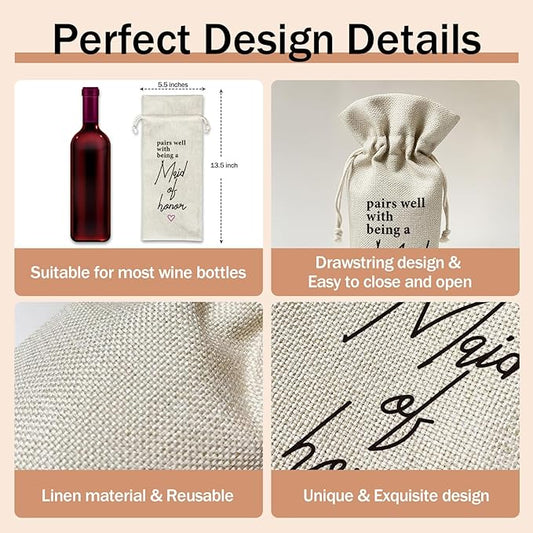 Maid of Honor Gift Wine Gift Bag, 1pcs Reusable Burlap Drawstring Wine Gifts Bag for Wine Bottles, Wedding Engagement Bridal Shower Holiday Party Favor -02