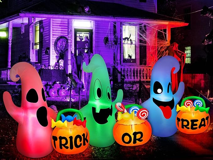 [ 3 Colors Changing Light ] TURNMEON 8 Ft Long Halloween Inflatables Three Ghosts with Pumpkin Candy Bags Halloween Decorations Outdoor Build-in LED Light Blow Up Halloween Decor Yard Party Garden