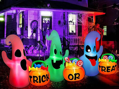 [ 3 Colors Changing Light ] TURNMEON 8 Ft Long Halloween Inflatables Three Ghosts with Pumpkin Candy Bags Halloween Decorations Outdoor Build-in LED Light Blow Up Halloween Decor Yard Party Garden