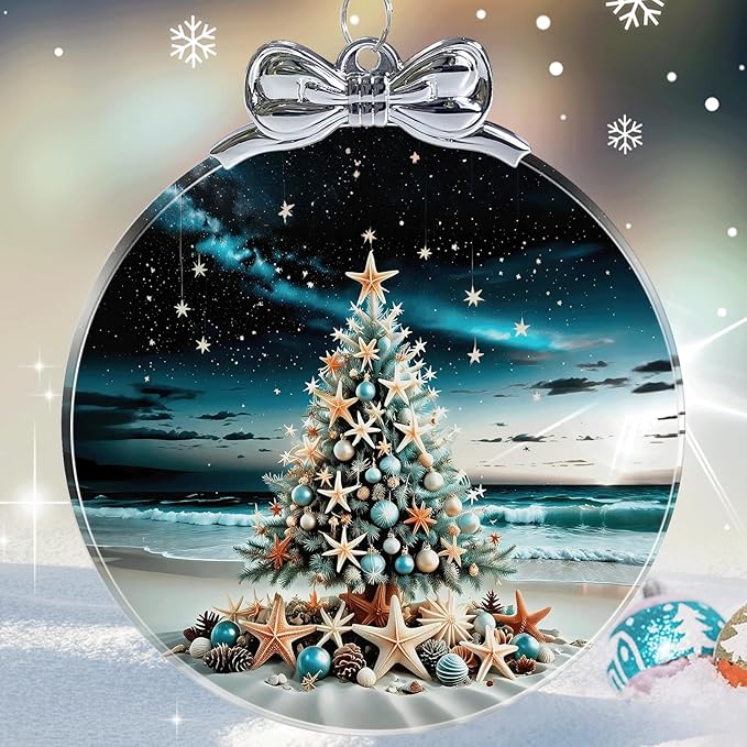 Seaside Christmas Tree Stained Glass Christmas Ornament - Hanging Ornaments for Christmas Tree Decorations - Holiday Keepsake Present Exchange Idea