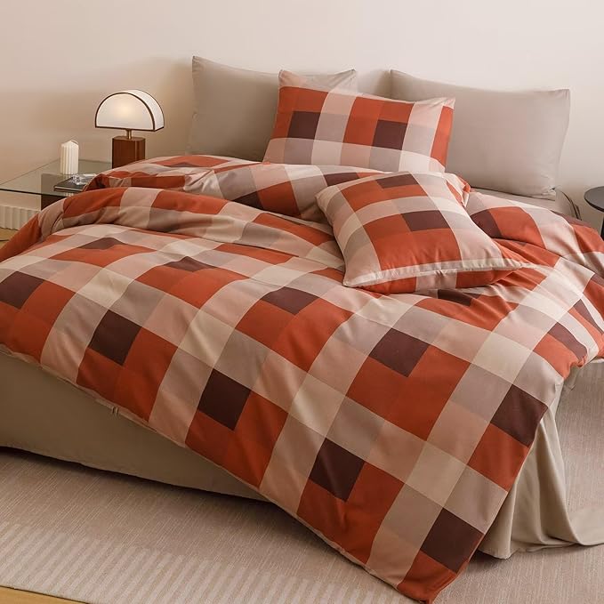 Cottonight Checkered Red Comforter Set Full Gingham Grid Bedding Set Red and Khaki Grid Comforter Fluffy Soft Bedding Set Kids Teens Full Comforter with 2 Pillowcases