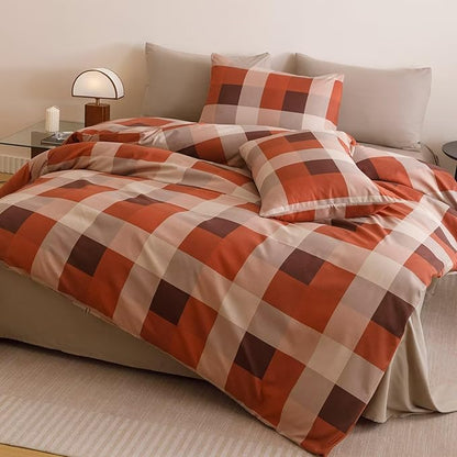 Cottonight Checkered Red Comforter Set Full Gingham Grid Bedding Set Red and Khaki Grid Comforter Fluffy Soft Bedding Set Kids Teens Full Comforter with 2 Pillowcases