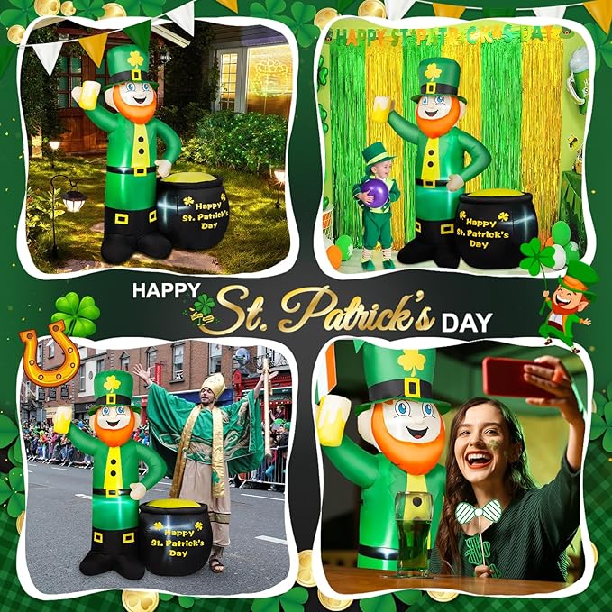 6FT St Patricks Day Inflatables Outdoor Decorations, Leprechaun Inflatable Holds Beer Cup with Pot of Gold Built-in LED Lights, St Patricks Day Decorations for Party Holiday Yard Garden Decor