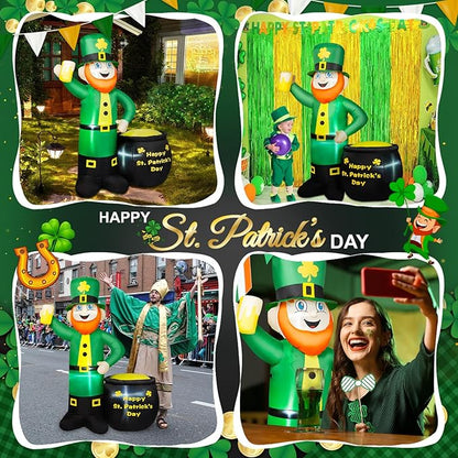 6FT St Patricks Day Inflatables Outdoor Decorations, Leprechaun Inflatable Holds Beer Cup with Pot of Gold Built-in LED Lights, St Patricks Day Decorations for Party Holiday Yard Garden Decor