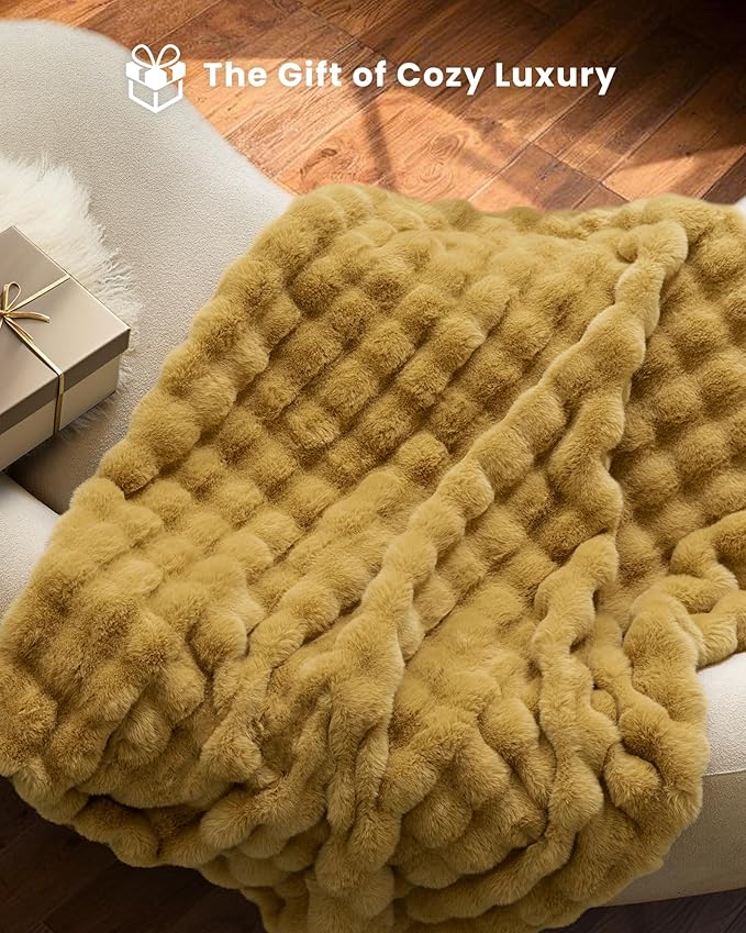 Ultra Soft Cozy Faux Fur Throw Blanket, Fuzzy Plush Thick Bubble Blanket, Oversize Luxury Fluffy Blanket for Couch, Bed, and Living Room, 60x80 Inches, Dark Yellow