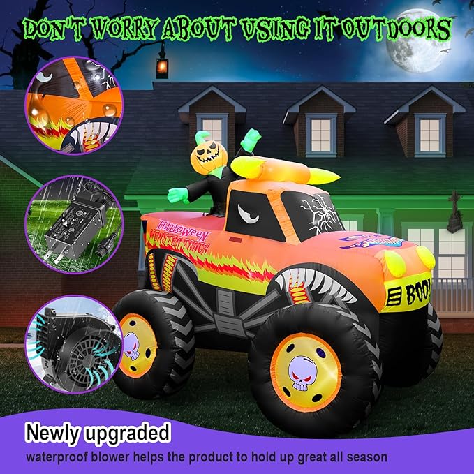 8FT Halloween Inflatable Pumpkin Monster Truck, Inflatable Vehicle Yard Decorations Built-in 8 LED for Halloween Inflatables Outdoor Decoration Home Party Supplies Lawn Halloween Decor