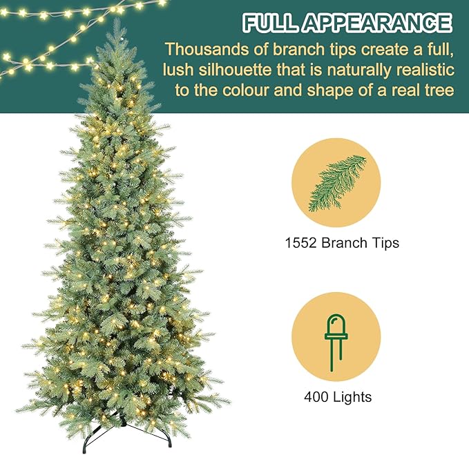 7 FT Pre-lit Artificial Skinny Christmas Tree,Blue Spruce Slim Christmas Tree with 1552 PE&PVC Mixed Branch Tips and 400 UL Listed Clear Lights,Hinged Xmas Tree with Metal Stand for Home Office Décor