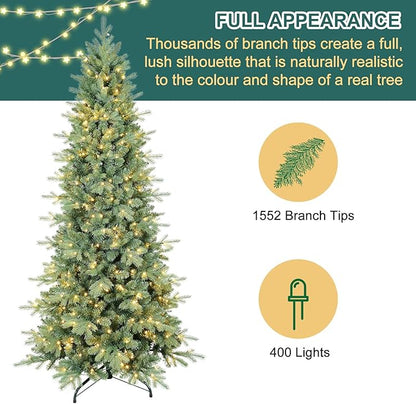 7 FT Pre-lit Artificial Skinny Christmas Tree,Blue Spruce Slim Christmas Tree with 1552 PE&PVC Mixed Branch Tips and 400 UL Listed Clear Lights,Hinged Xmas Tree with Metal Stand for Home Office Décor