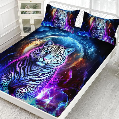 AILONEN Leopard Fitted Sheet Set Queen Size, Boys Blue Smoky 3 Pieces Printed Cheetah Bed Sheet Set,Wildlife Fitted Sheet with 2 Pillowcases