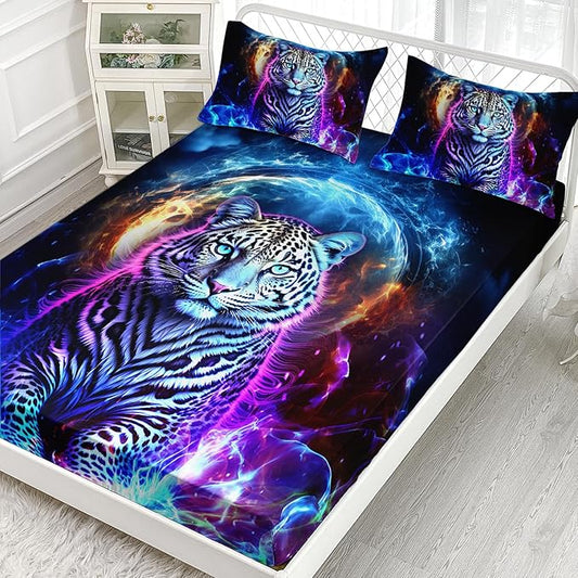 AILONEN Leopard Fitted Sheet Set Queen Size, Boys Blue Smoky 3 Pieces Printed Cheetah Bed Sheet Set,Wildlife Fitted Sheet with 2 Pillowcases