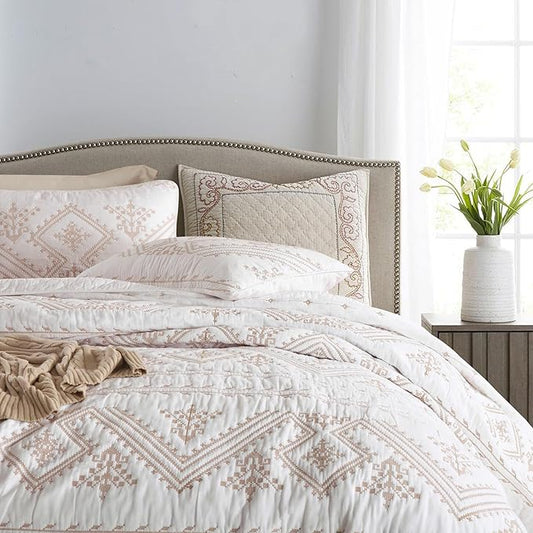 mixinni 3 Pieces Queen Size Comforter Set Gold Embroidery Pattern Printed Soft Cotton White Quilt Set-Queen Size