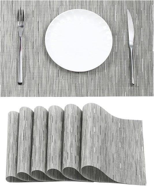 Leetaltree Sliver Placemats Set of 6 - Heat Resistant Non-Slip Place mats for Dining Table, Washable Durable PVC Vinyl Woven Table Mats（Sliver, 6）