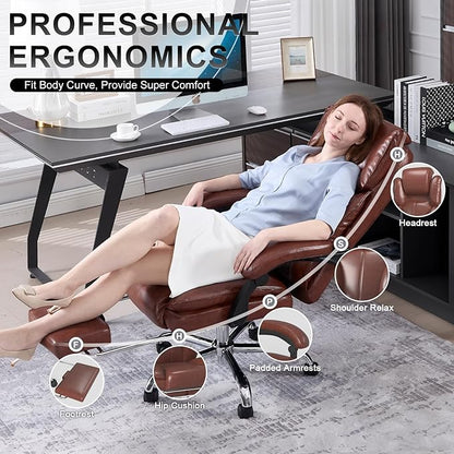 Big and Tall Office Chair, Ergonomic Leather High Back Executive Computer Chair with Retractable Footrest, Adjustable Headrest, Padded Arms, 360°Swivel Free, 90-135°Reclining, 500lbs Wide Seat, Brown