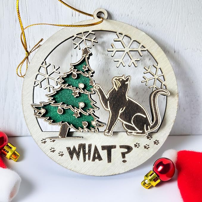 Black Cat Wooden Ornament - Funny Kitten and Christmas Tree Decoration