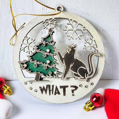 Black Cat Wooden Ornament - Funny Kitten and Christmas Tree Decoration