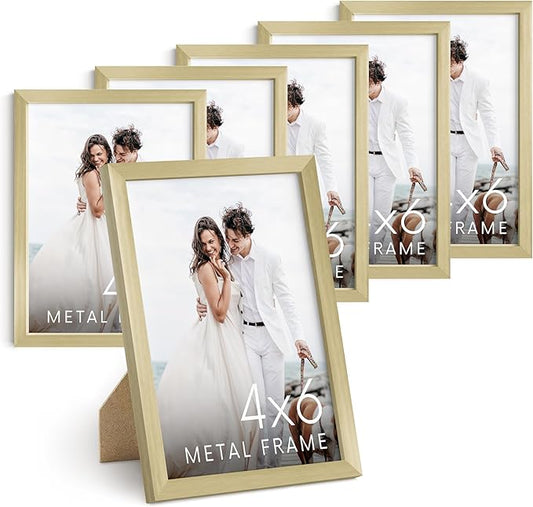 HAUS AND HUES 4x6 Gold Metal Picture Frames - 4X6 Frames Bulk - Features Premium Aluminum, Vertical Hanging, Easel Back for Tabletop, Home, Office (4x6 in, Gold, Set of 6)