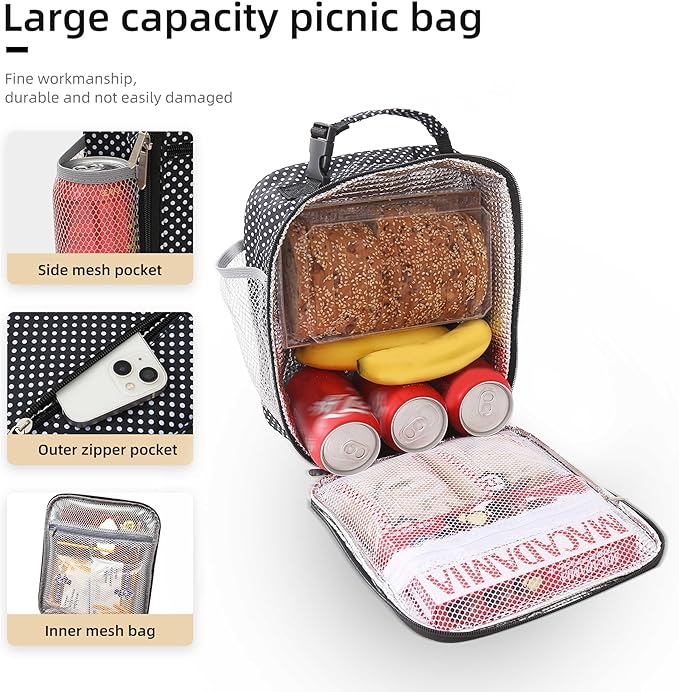 Lunch box Lunch bag for men women Insulated Lunchbox Lunch bags for Work Picnic Travel (Black polka dot)