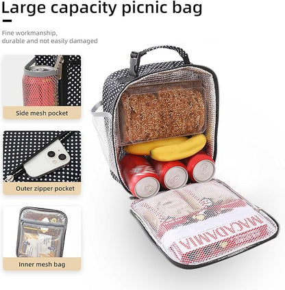 Lunch box Lunch bag for men women Insulated Lunchbox Lunch bags for Work Picnic Travel (Black polka dot)