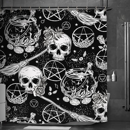 Skull Witch Halloween Shower Curtain 60Wx72L Inch Horror Spooky Scary Magical Mysterious Gothic Black White Holiday Bathroom Set Accessories Decor with 12 Pack Hooks