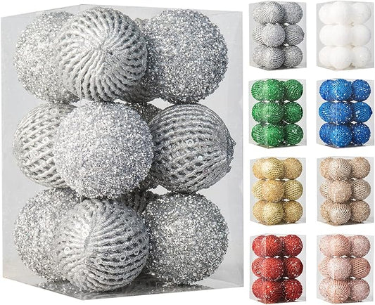 3.15" Christmas Ball Ornaments Glitter Shatterproof Christmas Tree Ornaments Sequin Xmas Hanging Balls Decorations for Wedding Party Holiday(Silver, 12pc-8cm)