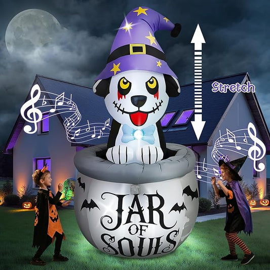Kalolary 7FT Halloween Inflatables Animated Puppy Dog with Music, Witch Cauldron Halloween Blow Up Yard Decoration with Built-in LEDs for Indoor Outdoor Holiday Party Garden Lawn Decor