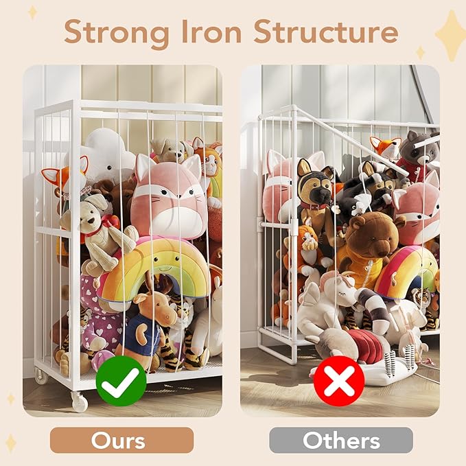 BBLIKE Stuffed Animal Storage Tower Rolling Cart - Zoo Cage Organizer for Kids' Plush Toys - Extra Large Storage Holder for Stuffy, Plushies & More in Playroom or Bedroom, 214L, White