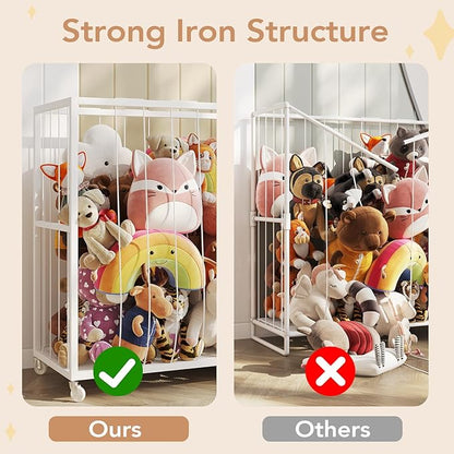 BBLIKE Stuffed Animal Storage Tower Rolling Cart - Zoo Cage Organizer for Kids' Plush Toys - Extra Large Storage Holder for Stuffy, Plushies & More in Playroom or Bedroom, 214L, White
