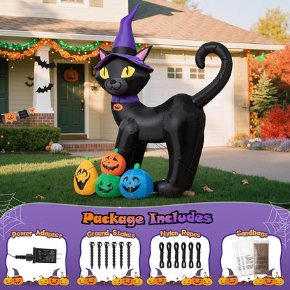 6FT Halloween Inflatable Black Cat with Witch Hat and 4 Colorful Pumpkins, Cute Blow Up Yard Decoration with LED Lights for Lawn, Garden, Balcony, Outdoor Holiday Party Events