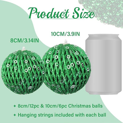 6pcs 3.94" Christmas Ball Ornaments Glitter Shatterproof Christmas Tree Ornaments Sequin Xmas Hanging Balls Decorations for Wedding Party Holiday(Green, 6pc-10cm)