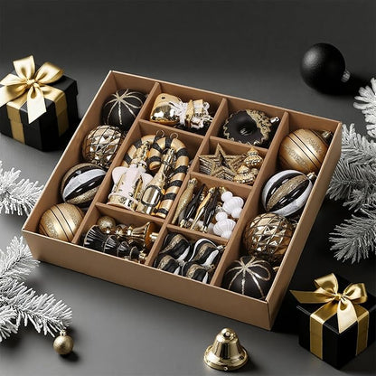 SHareconn 70pcs 2025 Classic Christmas Balls Ornaments Set, Shatterproof Plastic Baubles for Xmas Tree Holiday Wedding Party Decorations with Hanging Strings, Black, White and Gold