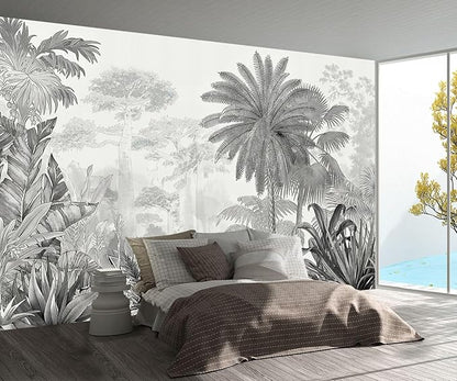 Grey Jungle Plant Leaves Wallpaper Mural (Not Peel and Stick)