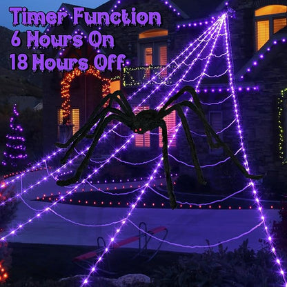 Halloween Spider Web Lights Decoration 250 LED Light up Spider Webs Halloween Decorations Outdoor with 59" Large Spider & 3.53 oz Stretch Cobweb 16.4 Ft Giant Web with 8 Modes (Purple)