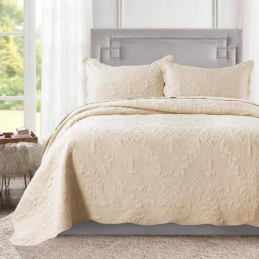 HoneiLife Oversized Bedspread Quilt Sets - 3 Piece California King Quilt Microfiber Bedspreads Reversible Coverlets Lightweight Bed Cover Paisley Bedding Sets All Season Quilts-111 x106-Khaki