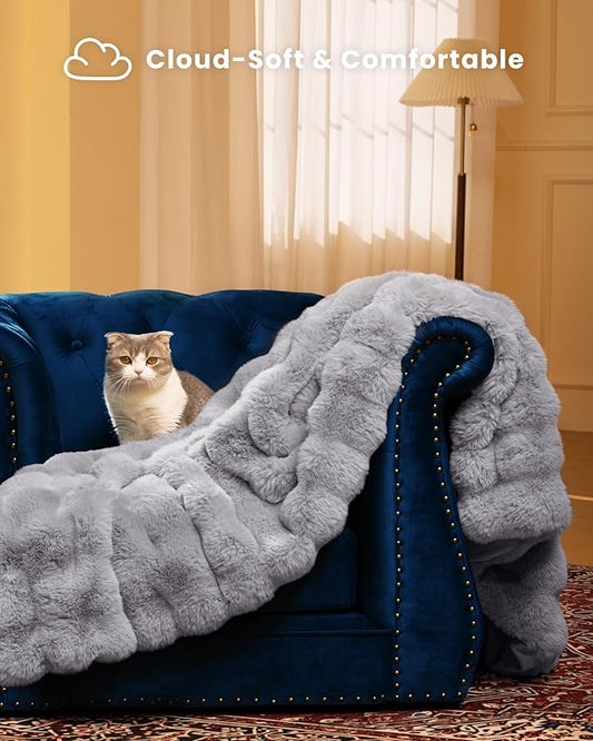 Ultra Soft Cozy Faux Fur Throw Blanket, Fuzzy Plush Thick Bubble Blanket, Oversize Luxury Fluffy Blanket for Couch, Bed, and Living Room, 50x60 Inches, Light Grey