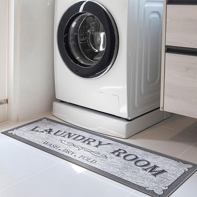 Ottomanson Laundry Collection Non-Slip Rubberback Laundry Text Design 2x5 Laundry Room Runner Rug, 20" x 59", Light Gray