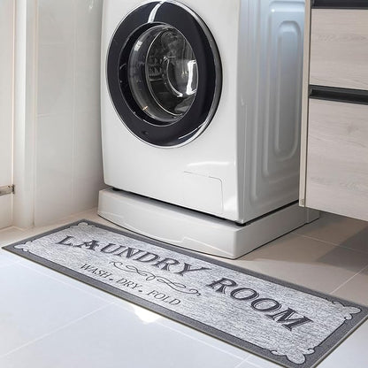 Ottomanson Laundry Collection Non-Slip Rubberback Laundry Text Design 2x5 Laundry Room Runner Rug, 20" x 59", Light Gray
