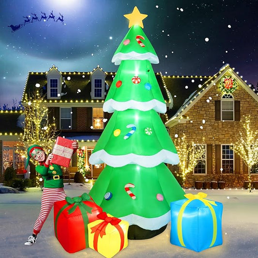 B&D 10FT Giant Inflatable Christmas Tree with Gift Box, Built-in LEDs - Outdoor Decoration for Holiday Party & Garden Lawn