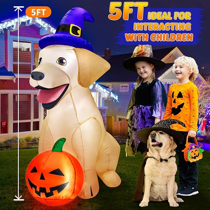 5Ft Halloween Inflatables Decorations Outdoor Vivid Lab Dog with Build-in Bright LED Blow Up Yard Decoration with Witch Hat Halloween Decorations Outdoor for Holiday Party Indoor Garden Lawn Home