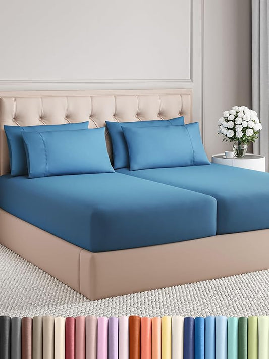 CGK Linens Split King 7 Piece Sheet Set - Cooling Sheets for Hot Sleepers - Hotel Luxury Bedding Set with 8-16 Inch Deep Pockets - 1 Flat & 2 Fitted & 4 Pillowcases - Soft & Wrinkle Free - Split King