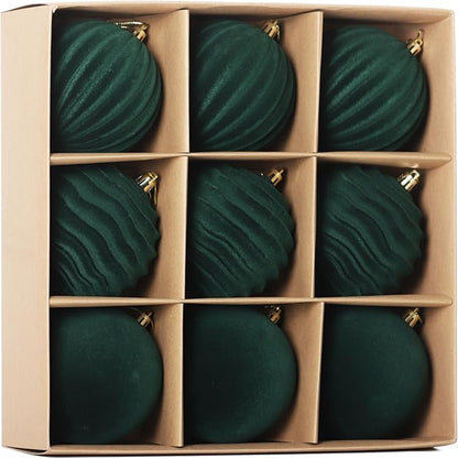 Senjie 9 PCS Velvet Ornaments for Christmas Tree 4inch Flocked Christmas Balls Assortment for Xmas Tree Holiday Decor Deep Green