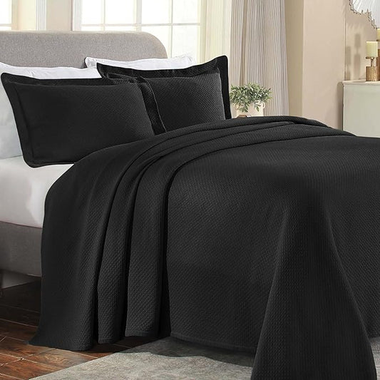 Superior Solitaire Cotton 3 Piece Bedspread Set, Home Bed Decor, Decorative Textured Bed Spread, 2 Pillow Shams, Airy Blanket, Matelasse Coverlet Bedding, All-Season Accent Blanket, Full, Black