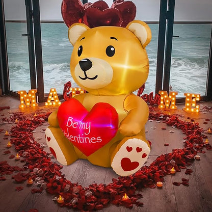 4FT Valentines Day Inflatable Bear Holds Love Heart, Valentines Day Decor Built-in RGB LED Lights, Valentines Gift Blow Up Yard Decoration for Party Anniversary Wedding Propose Garden Lawn