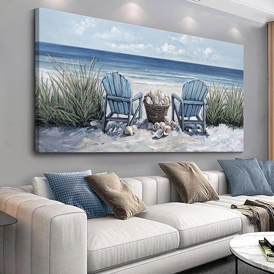 HGUAOA Coastal Wall Art - Large Landscape Wall Paintings for Living Room, Bedroom Pictures, Ocean Beach Artwork, Blue Wall Art, Above Bed Decor, Coastal Landscape Wall Art, Beach Pinting