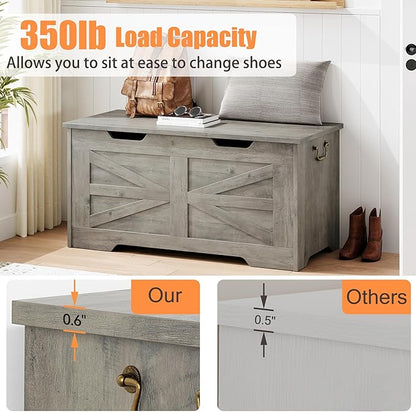 IDEALHOUSE Storage Chest, 39.4" Toy Chest for Boys Girls, Kids Wood Large Toy Box, Storage Bench with Safety Hinge, Farmhouse Storage Trunk for Entryway, Living Room, Bedroom, Playroom, Greige