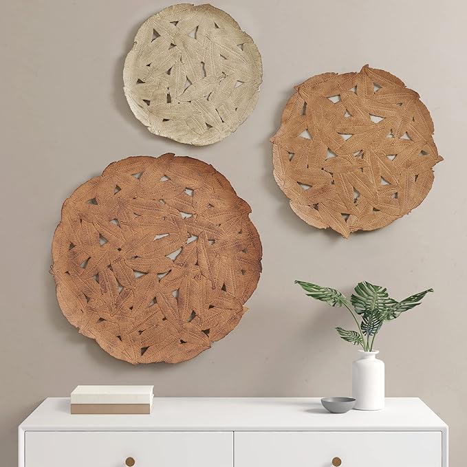 Madison Park Rossi Feather Metal Wall Décor, Metallic Painted Round Iron Discs, Small, Medium, Large Modern Art Sculplture Decortive Plates for Transitional, Home, Living Room, Office - Spice