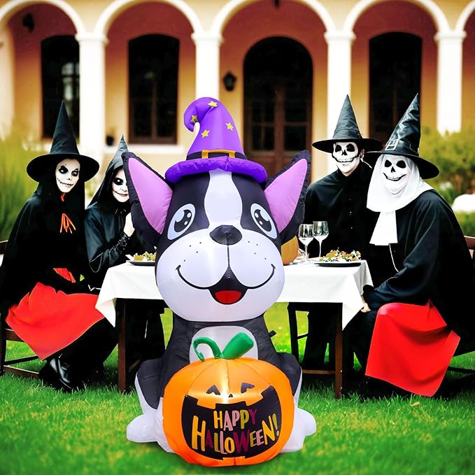 Halloween Inflatables Outdoor Decor 4.4FT Dog Hold Pumpkins Blow Up Yard Decorations with LED Lights Halloween Outside Lawn Party Decor