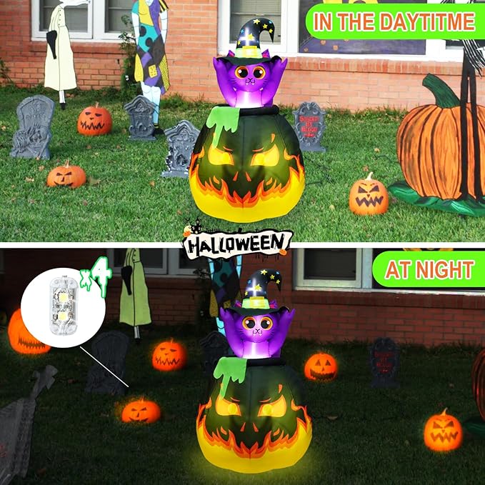 4.5FT Halloween Inflatables Cat, Automatic Pop up and Down Animated Witch Kitty in Fire Cauldron Blow up Halloween Cat Inflatable Built-in 4 LED for Halloween Decoration Outdoor Indoor