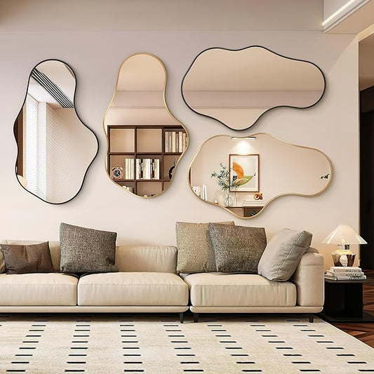 Irregular Wall Mirror - Wall Mirrors Decorative 26"x 43" Asymmetrical Abstract Mirror Aviation Aluminum Alloy Frame Unique for Bathroom, Bedroom, Living Room, Cloakroom, Entryway Gold