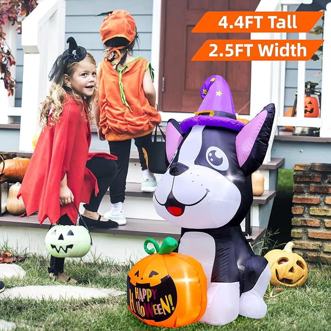 Halloween Inflatables Outdoor Decor 4.4FT Dog Hold Pumpkins Blow Up Yard Decorations with LED Lights Halloween Outside Lawn Party Decor